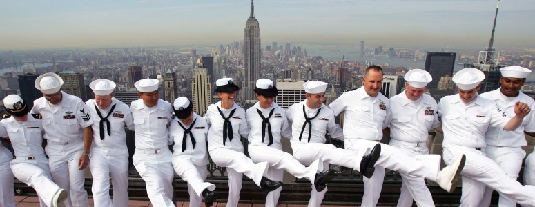 U.S. sailors hold a contest for the highest kick during their visit to the Top-of-the-Rock observation deck as part of the Fleet Week celebration on Thursday, May 25, 2006. Besides daily ship tours at Manhattan's Pier 88 and Stapleton pier in Staten Island, Fleet Week includes military band concerts, technology displays, military ceremonies and demonstrations involving Marines, Navy SEALS and helicopters. There are 14 scheduled parades in various parts of New York. Photo by DIMA GAVRYSH /GAMMA.